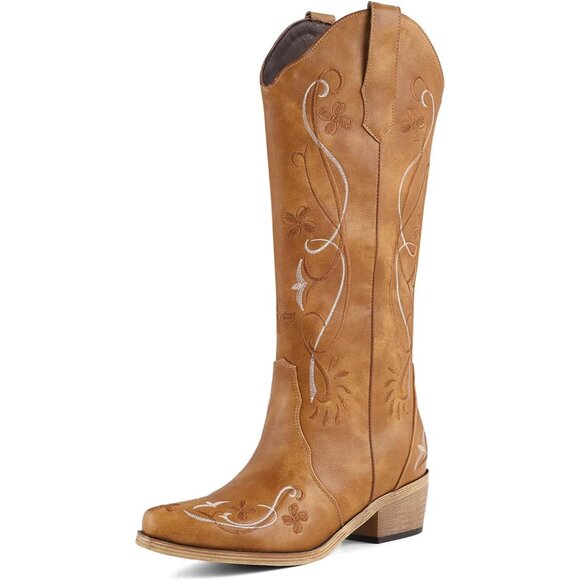 ⚡Women's Brown Western Cowboy Boots Knee High Pointed Toe Floral Embroidered - Picture 1 of 7